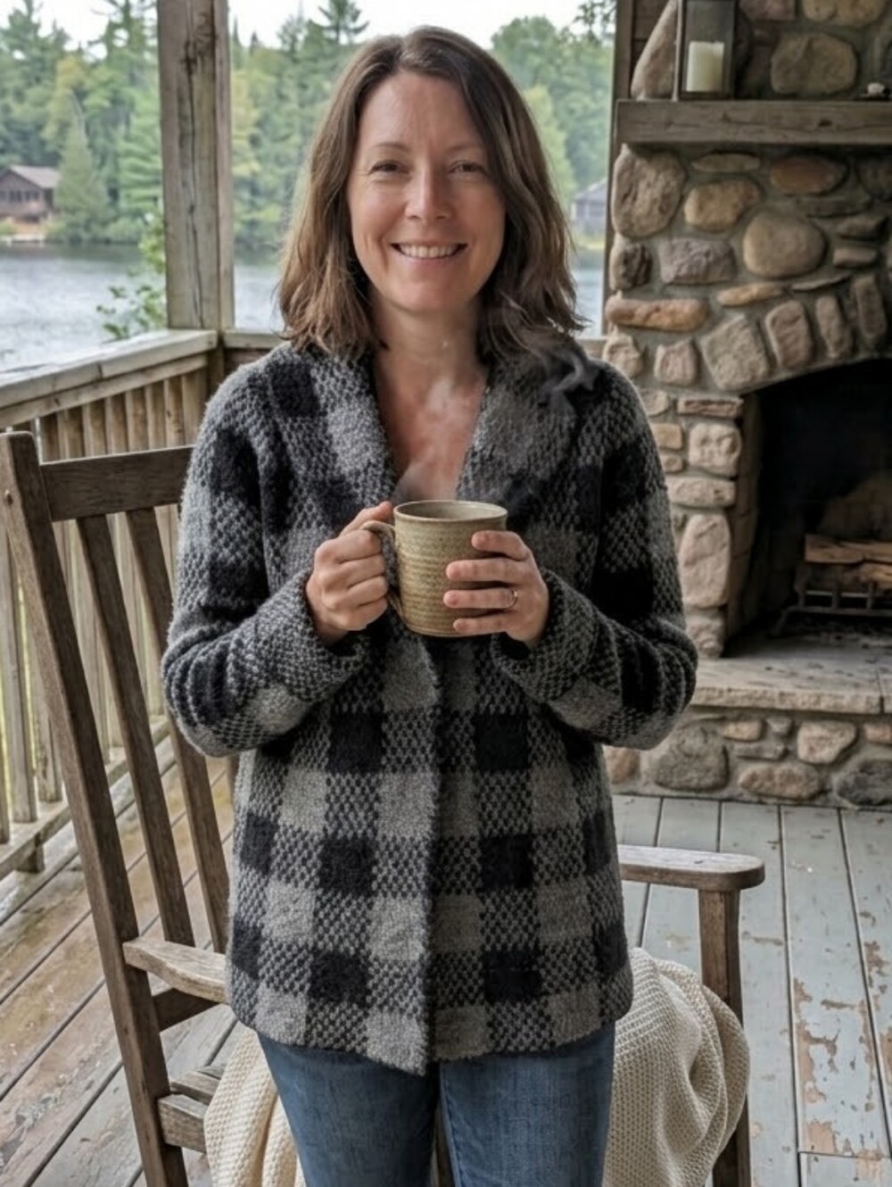 Aspen Wool Black Grey Buffalo Plaid Open Front Cottagecore Capsule Cardigan L
